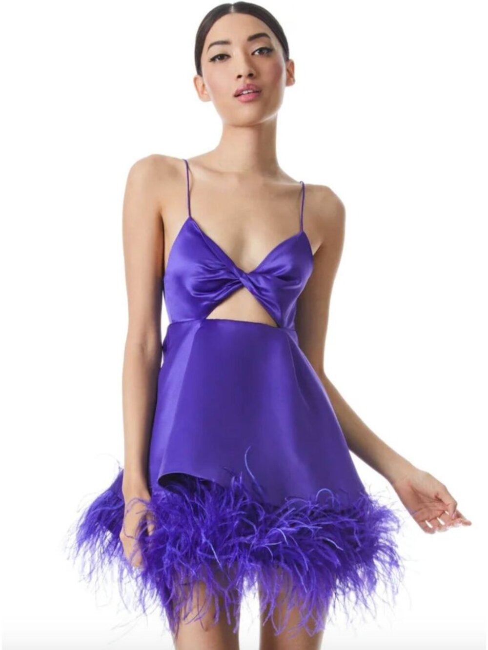 Alice + Olivia Necole Cutout Feather Hem Mini Dress Purple Womens 6